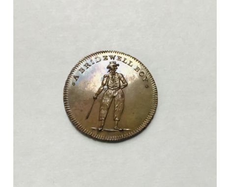 London - Holborn, Thomas Spence Halfpenny undated, obv, A Bridewell Boy standing holding a swagger stick, rev T. Spence adver