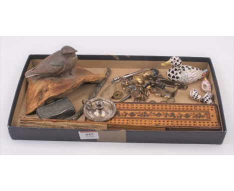 A collection of items to include 19th century pewter snuff box, a miniature silver chamber stick, a Victorian Tunbridge ware 