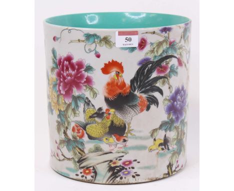A Chinese porcelain brush-pot, enamel decorated with a rooster and hen, h.22cm 