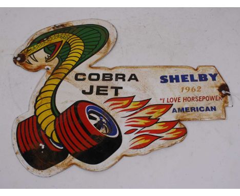A Shelby Racing enamel advertising sign, inscribed 'Cobra Jet 1962 American "I love horsepower", 23 x 30cm