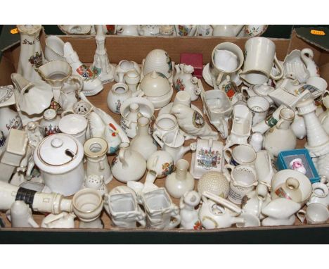 Two boxes of mixed crested wares, to include Arcadian and GossApprox 150. Some are damaged, but most are intact.