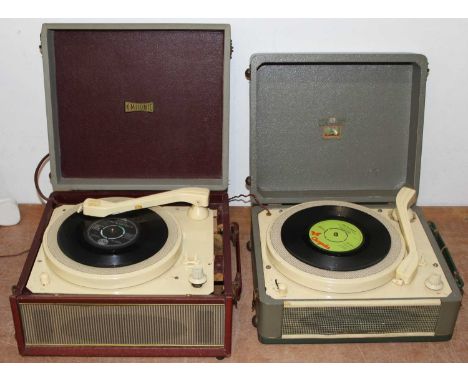 An Emisonic R11M portable record player, w.32cm, together with a similar HMV example, w.30cm. (2)