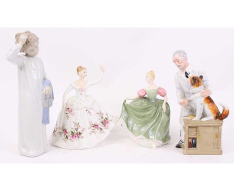 A Royal Doulton figure 'Thanks Doc', h.25cm; together with two further Royal Doulton figures of ladies; and a Nao figure of a