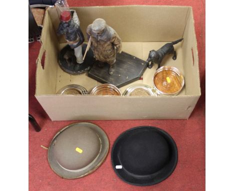 Miscellaneous items to include bowler hats, silver plated wine coasters, etc