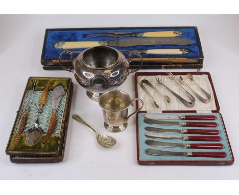 A Victorian carving set having a silver plated mount and simulated ivory handles (cased), together with various other silver 