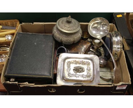 A box of silver plated wares, to include cruets, cased cutlery sets, and cigarette cases 