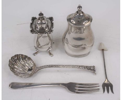 A George V silver pepper, of oval baluster shape, Birmingham 1923; together with a sifting spoon; dessert fork; and a pickle 