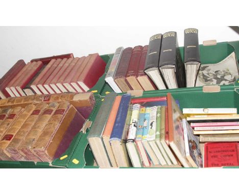 Four boxes of books to include Chambers Encyclopedia, ten vols, quarter bound in tan leather 
