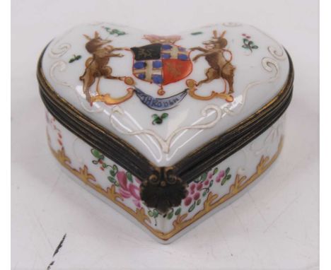 A 19th century Samson porcelain armorial porcelian patch box, in the form of a heart