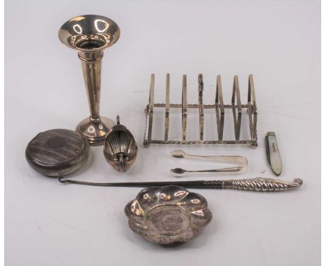 An early 20th century silvered twin handled open salt, Walker &amp; Hall, Sheffield 1910, 0.9ozt; together with a weighted si