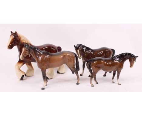 A Beswick model of a horse, chestnut gloss, h.20cm; together with two other similar; and a Melba style horse (4)