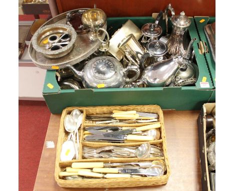 A box of silver plated items to include teapots, table cigarette box and cutlery 