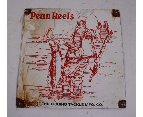 A Penn Reels and Fishing Tackle enamel advertising sign, 25 x 25cm