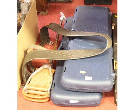 Two plastic gun cases, together with a vintage shooting stick, and a leather strap (4)Case dimensions 83 x 25 x 7.5cm.