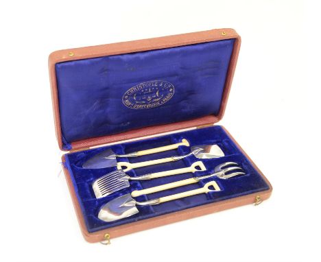 AMENDED DESCRIPTION Christofle silver gateau set in the form of five gardening spades and forks with ivory handles, each appr