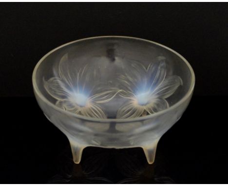 Rene Lalique 'Lys' No. 382 opalescent glass bowl, moulded with opalescent lily blossoms and raised on four stems, etched 'R L