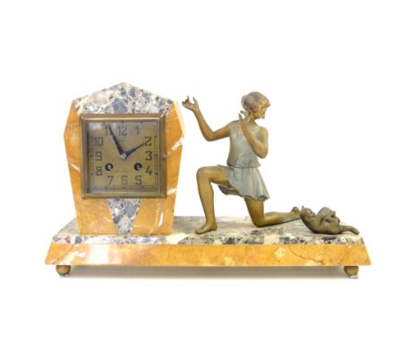 Art Deco clock inscribed Bonis Douarnenez, with figure of a girl kneeling, watching a cat playing, on mottled grey and amber 