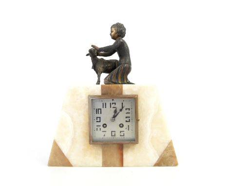 French Art Deco marble eight mantel clock, with spelter figure of a girl with a sheep, signed Saluadi to girl's dress, with s