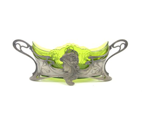 Art Nouveau WMF silver plated flower dish with original green cut glass liner. Stamped marks. WMF Book page 366, model number