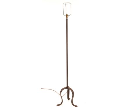 Arts and Crafts wrought iron standard lamp on tripod base, H145cm 