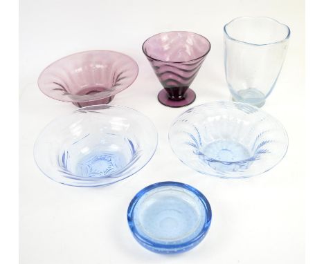 Whitefriars amethyst glass bowl, 25cm Dia, a similar vase 15.5cm H, two light blue bowls, 25cm dia, a vase 25.5 cm and a bubb