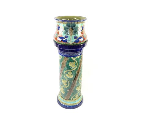 Burmantofts jardinière planter with tube lined decoration of dogs and flowers, in varying shades of blue and green with yello