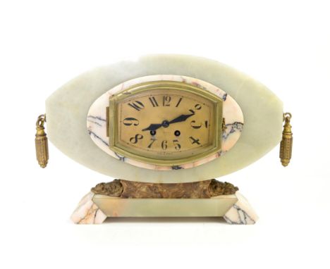 French marble Art Deco clock gilt metal mounted, drum movement signed E.M. Paris, striking on a bell, possibly J. Bonis, h27 