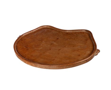 Robert 'Mouseman' Thompson of Kilburn, kidney shaped tea tray carved with two carved mice, adzed surface, 46.5 x 31cm. Proven