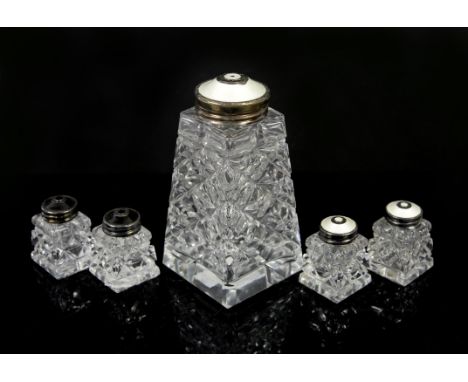Two Pairs of Norwegian silver and guilloche enamel capped glass pepperettes,  4.2cm high and a larger castor 12.2cm high, mar