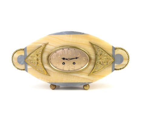 Art Deco marble and gilt metal 8 day mantel clock, French drum movement striking a bell on the hour and half hour, h22 x w43 
