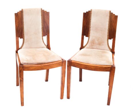 Six Art Decco "Skyscraper" side chairs with stepped backs on square tapering front supports, with suede upholstered backs and
