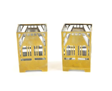 Pair of Jugendstil silver plated tealight holders by Argentor, with pierced design and glass liners, marked Argentor AS to ba