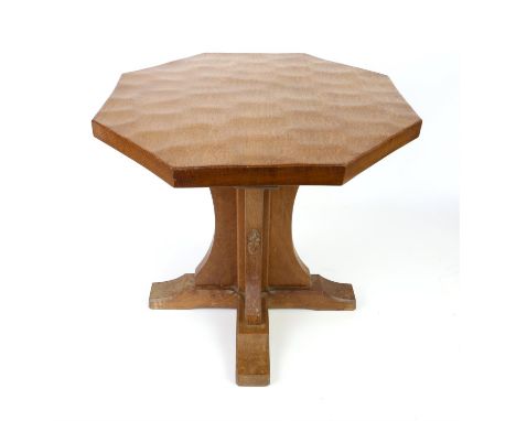 Robert 'Mouseman' Thompson of Kilburn octagonal oak table with adzed top on X-shaped base, h48 x w50 x d50cm,Condition Report