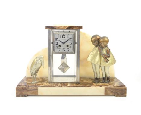 Art Deco mantel clock with a figure of two girls one side and a Marabou bird the other, on brown and cream marble, dial inscr