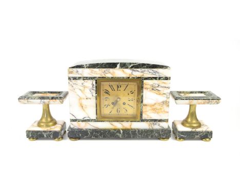 Art Deco marble clock garniture, the central 8 day clock with square gilt dial with Arabic numerals, having two marble and br