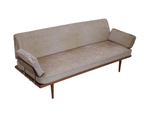 20th century teak framed sofa, bearing label for FD, 281cm wide
