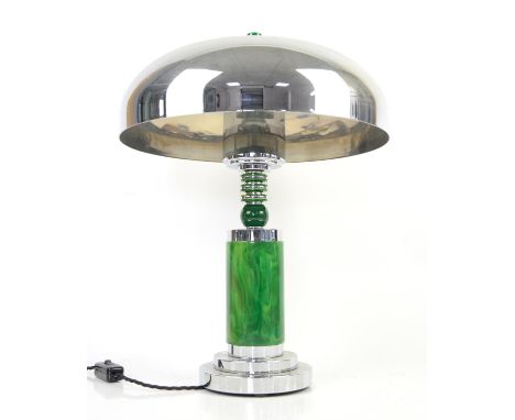 Green Art Deco style table lamp with chrome domed top, 48cm high,Condition Report:  A few scratches to inside of shade.
