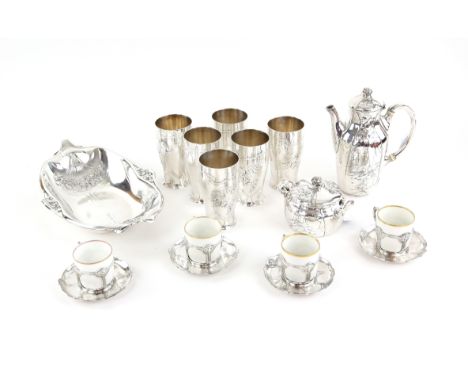 AMENDED DESCRIPTION: Christofle Gallia 4631 bowl, W34.5cm, coffee pot 4643 H21cm with sugar bowl, four coffee cups and saucer