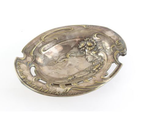 Austrian Art Nouveau silver plated dish, with nymph and water lilies, on spreading base, H7 x W29.5 x D22.5cm 