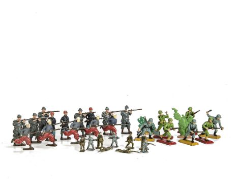 Small collection of Britains 2nd Grade lead French Army, (35), generally G, 7 repainted or damaged, Britains Deetail Germans 
