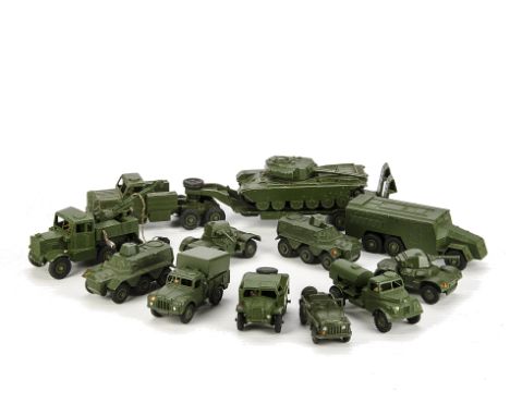 Unboxed Dinky Toys Military Vehicles circa 1960. including Tank Transporter and two Centurion Tanks, Armoured Command Vehicle