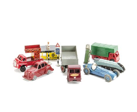 A Collection of Diecast, including Dinky 230 Talbot Lago, Dinky Supertoys 551 Trailer, Gilco traffic sign and traffic light t