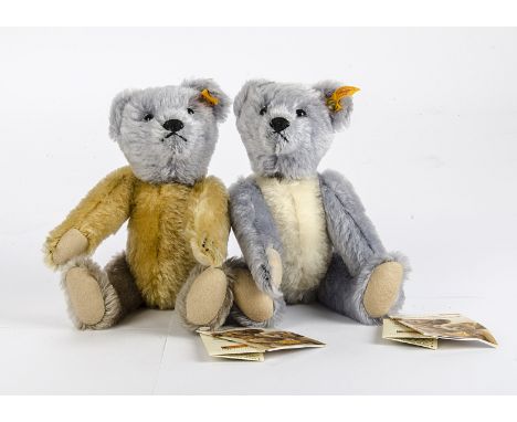 A pair of Yellow Tagged Snap Apart Steiff Teddy Bears, one with beige body, grey head and limbs, other with gold body and arm