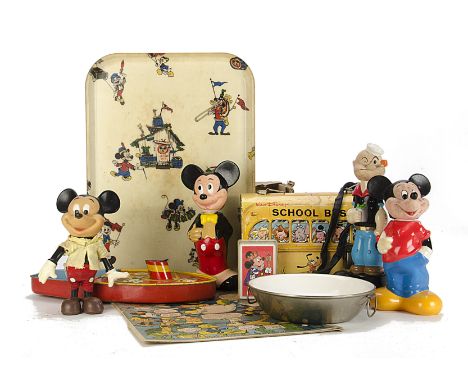 A quantity of Mickey Mouse Memorabilia, including Happynaks Tin Tug Boat, Alladin Industries Tin School Bus Lunch Box, Mickey