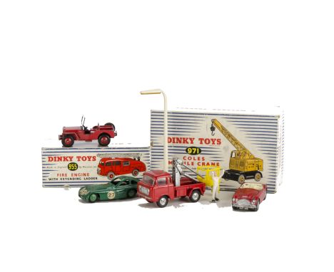 Dinky Toys, 971 Coles Crane, 955 Fire Engine, in original blue striped boxes, VG, boxes G, unboxed 163 Bristol 450 and 25Y re