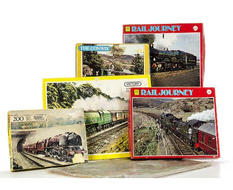Modern Railway and Steam Engine themed Jigsaw Puzzles, three Victory hand cut wood puzzles (complete), three Waddingtons 1310