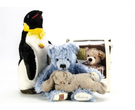 Collection of Steiff, Penguin, Sleeping Rabbit, Flynn Teddy Bear in Suitcase and MerryThought bear (4) F-VG