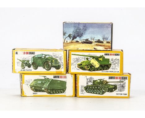 Airfix 00 Gauge plastic Armoured Vehicles, Field Gun and Tractor, Patton Tank, 155mm Self Propelled Gun and Troop Carrier, al