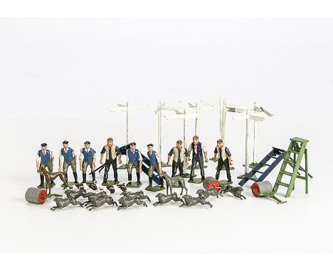 Small collection of post WW2 Britains ex-shop stock lead figures,  step ladders (3 green, 3 blue), wash tub, 3 arm (7), and s