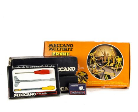 1970's Meccano Multikit Crane Building Set, unchecked for completeness, together with Magic Clockwork Motor, Super Tools Set,